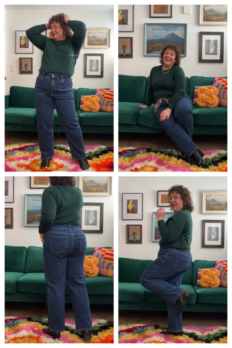A collage of four photos of Alison wearing the Universal Standard Etta Jeans with a green crewneck sweater also from Universal Standard