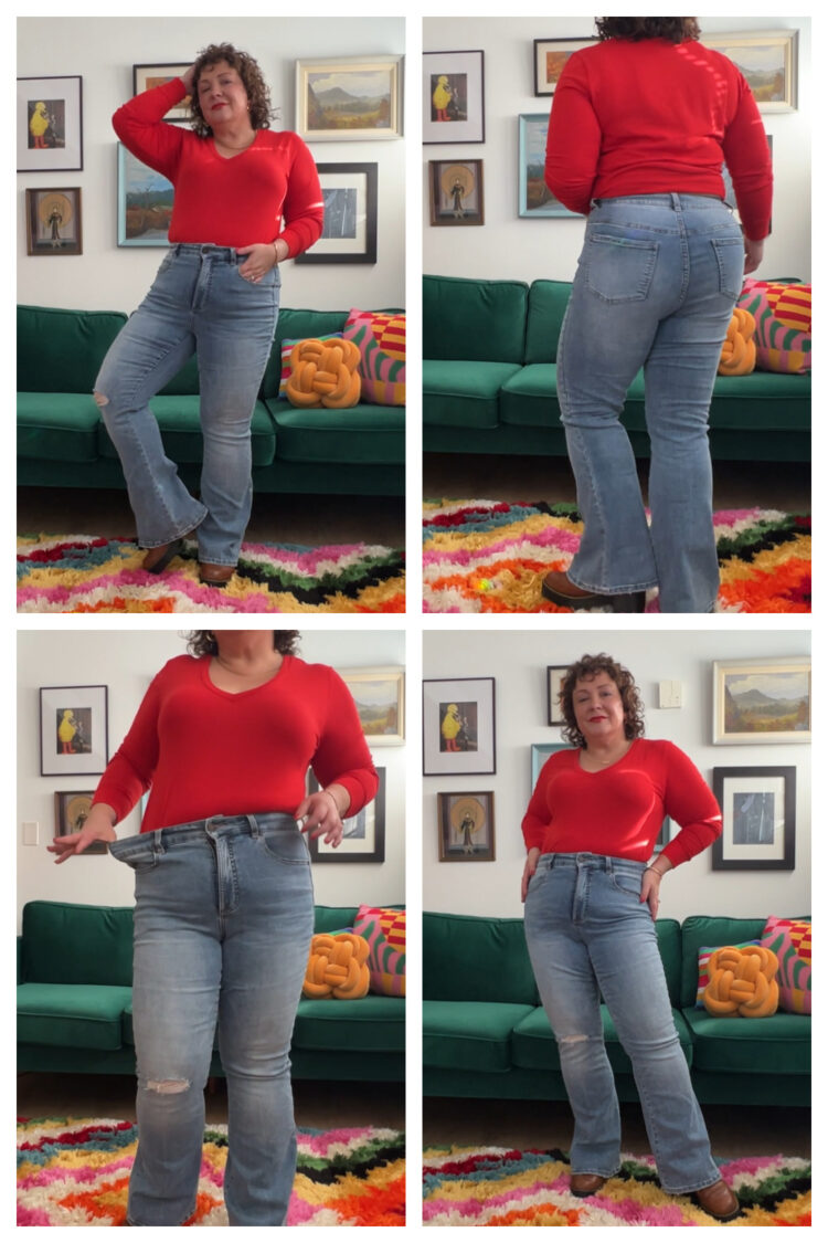 A collage of Alison wearing the Universal Standard Farrah jeans with a red long sleeved v-neck t-shirt also from Universal Standard