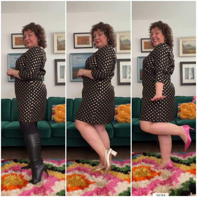 A collage of alison wearing a black mini dress with gold dots. IN the first photo she is wearing the dress with black tights and black knee-high leather heeled boots. The second photo, she is wearing gold block heel pumps. In the third she is wearing pink satin slim heel pumps.