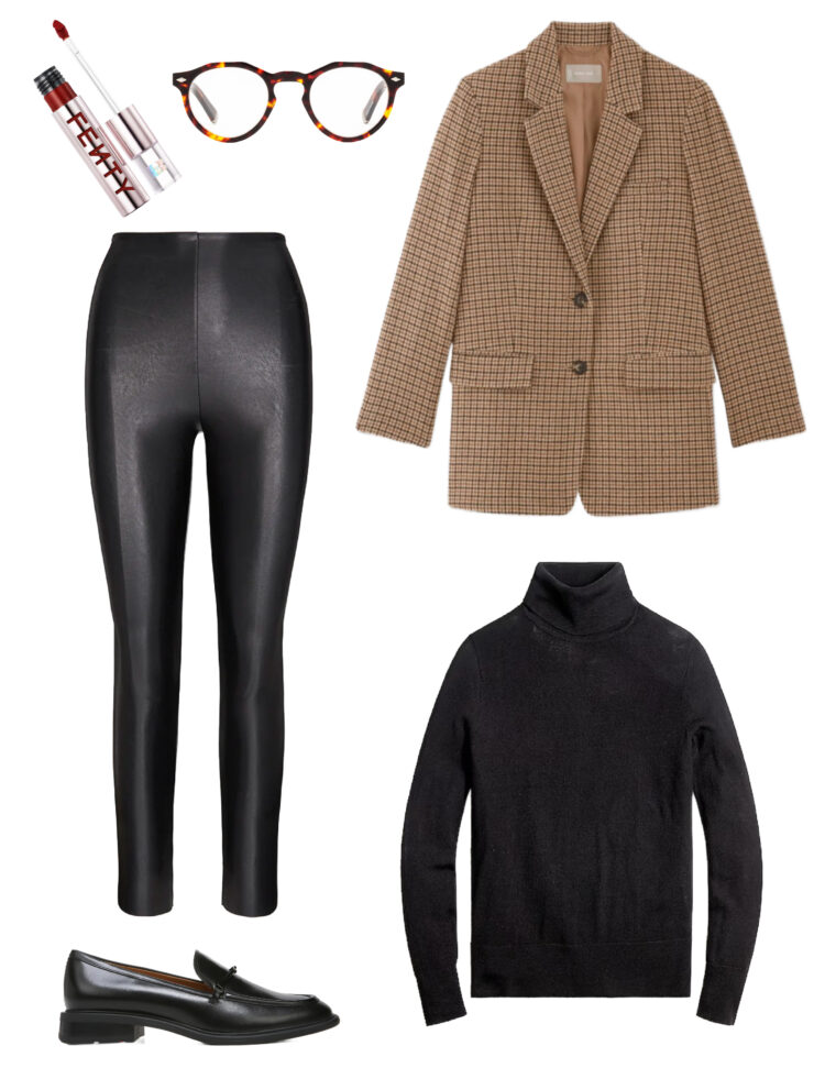 tips on how to style faux leather leggings for work showcasing black leather look leggings styled with a brown plaid wool blazer, black merino turtleneck, black leather loafers, tortoiseshell reading glasses, and a dark red matte lipcolor.