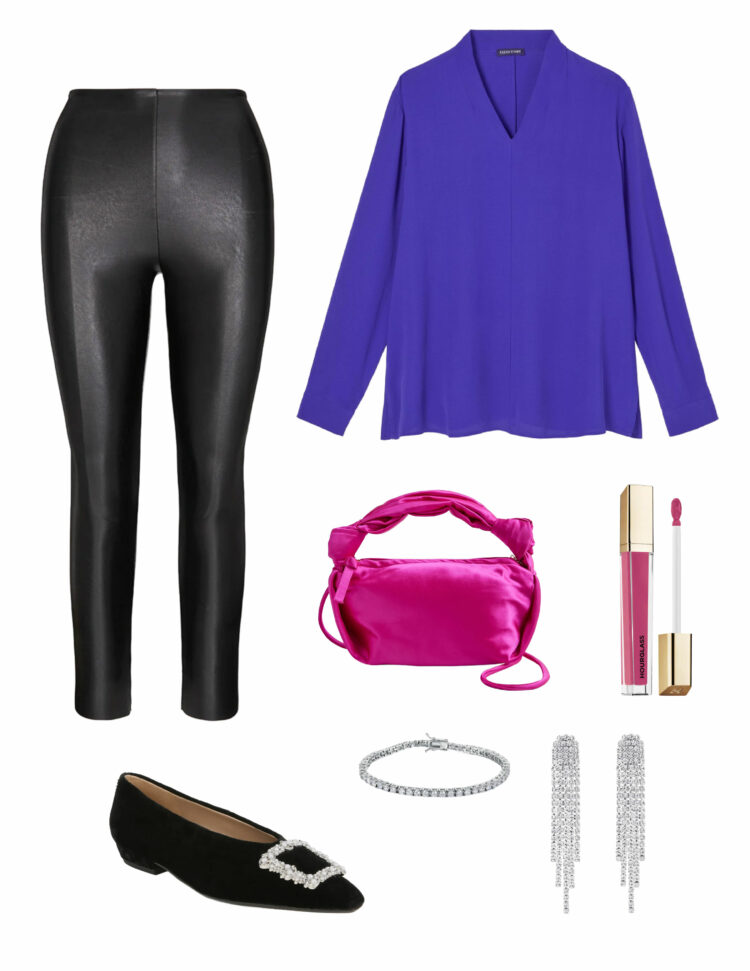 ideas on how to style faux leather leggings for evening with a silk crepe tunic, satin handbag, and velvet bedazzled flats.