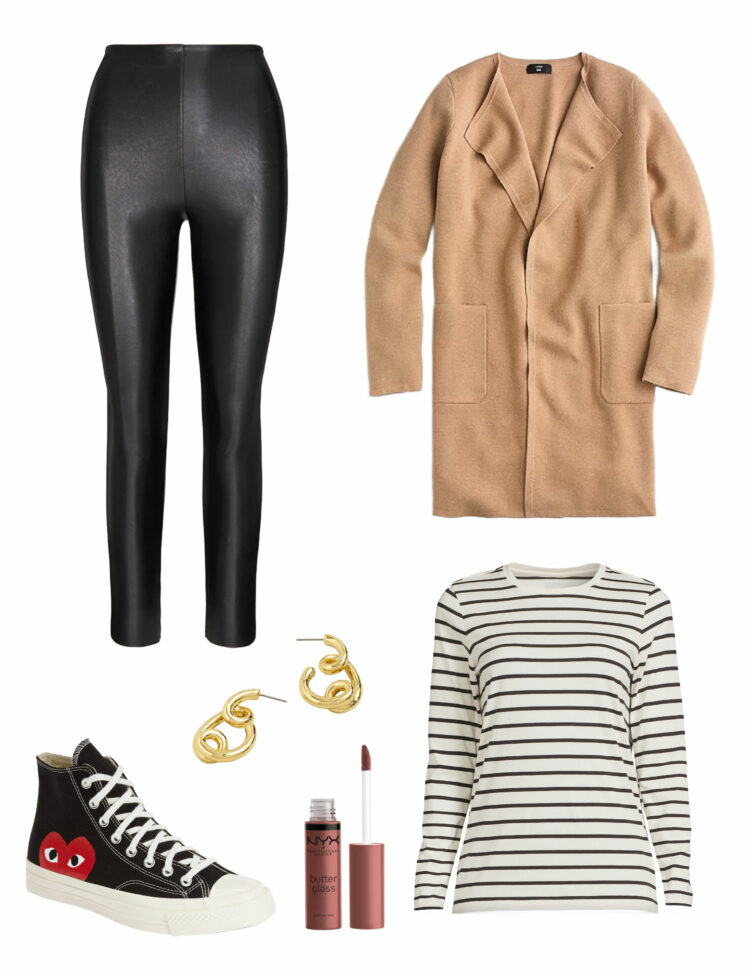 collage showing how to style faux leather leggings for the weekend featuring black faux leather leggings with a camel long collarless sweater jacket, an ivory and black striped long sleeve t-shirt, black Converse sneakers, gold swirl earrings, and NYX lip gloss