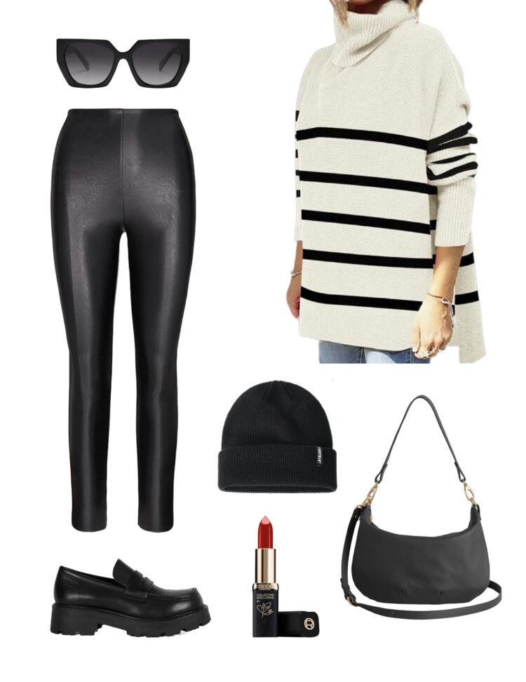 suggestion on how to style faux leather leggings with lug sole loafers, an ivory and black striped tunic sweater, black beanie, black crossbody bag, black sunglasses, and red lipstick.