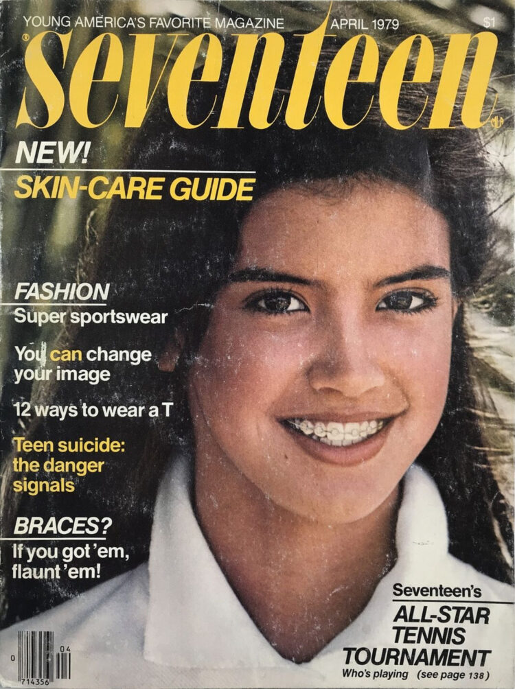 issue of Seventeen magazine with actress Phoebe Cates on the front. She has her dark hair loose in the breeze, she is smiling showing braces on her top teeth and she is wearing a white shirt with the collar popped.