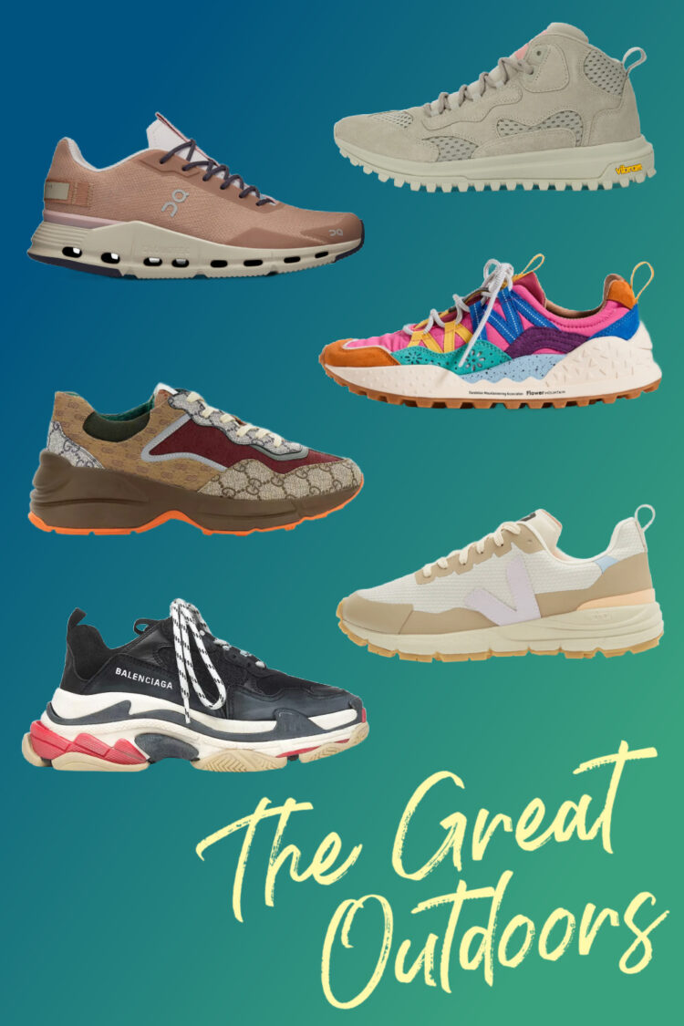 hiking-inspired sneakers in a collage featuring shoes by Veja, On Running, Balenciaga, and Gucci