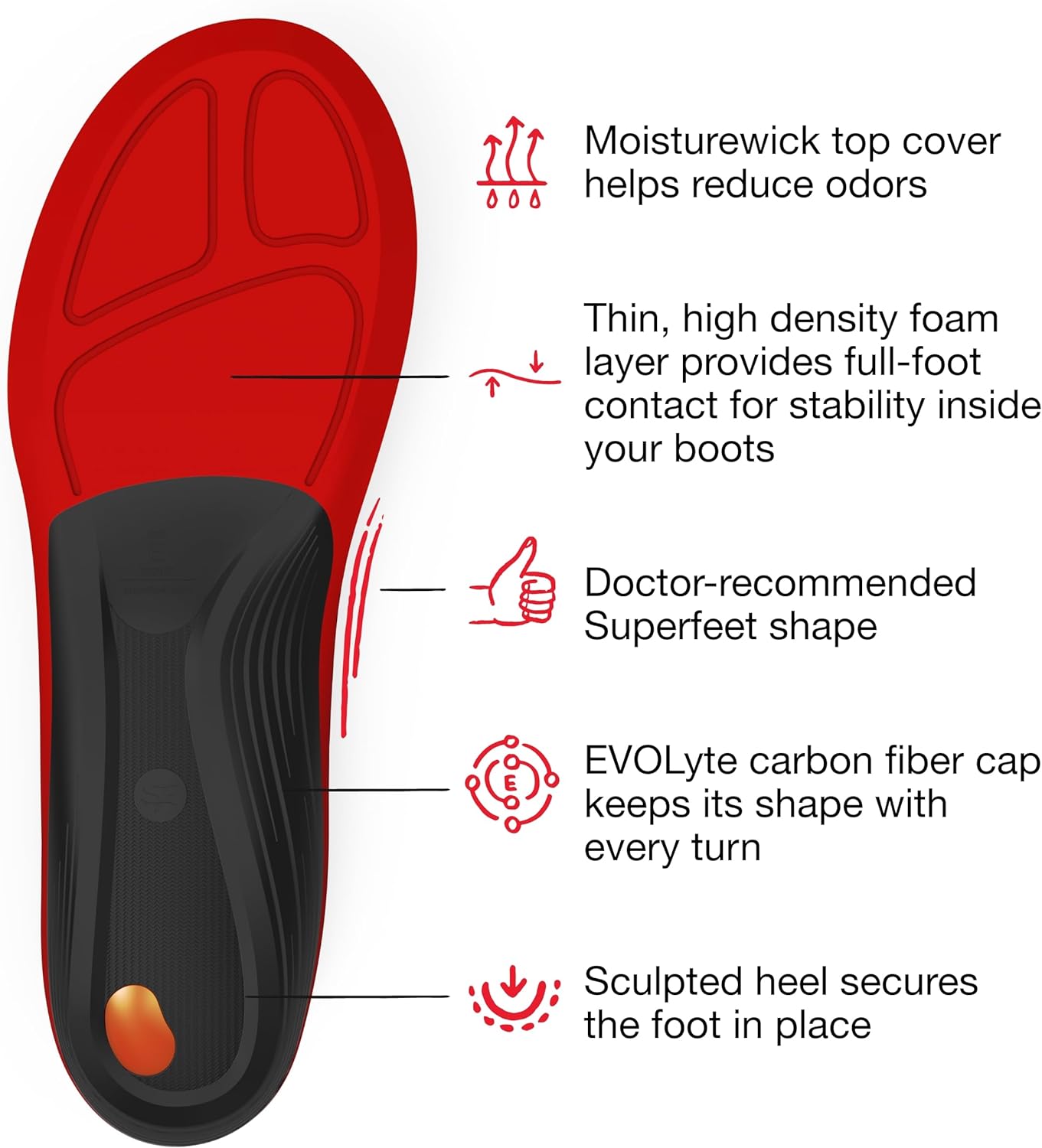 the bottom of a red and black insole from Superfeet