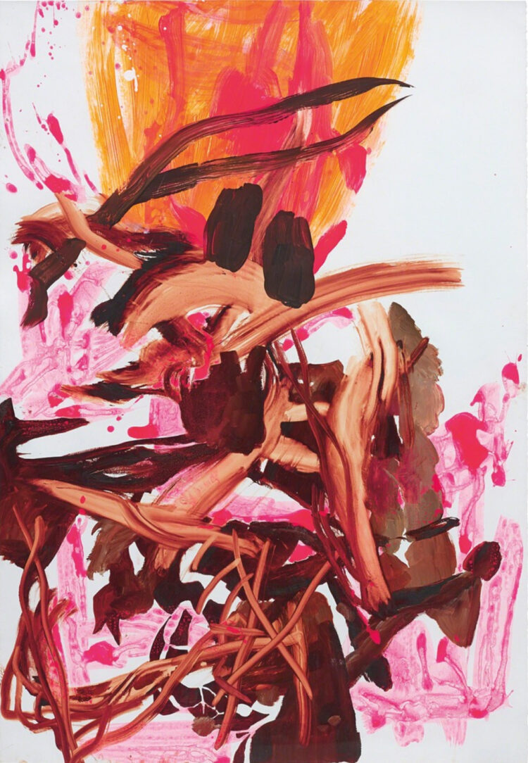 Painting by Charline von Heyl, Untitled, 2004. Brush strokes of Acrylic and oil on paper in shades of brown, orange, and pink