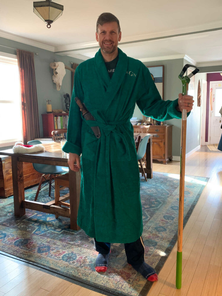 man in a dark green turkish terry robe from Lands' End