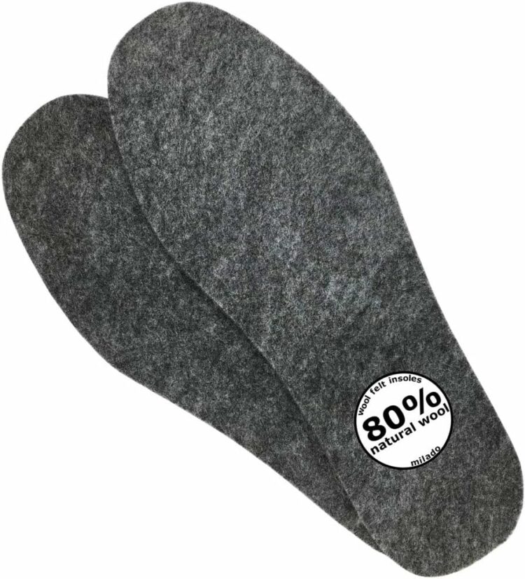 gray wool insoles for shoes and boots with sticker that says 80% wool