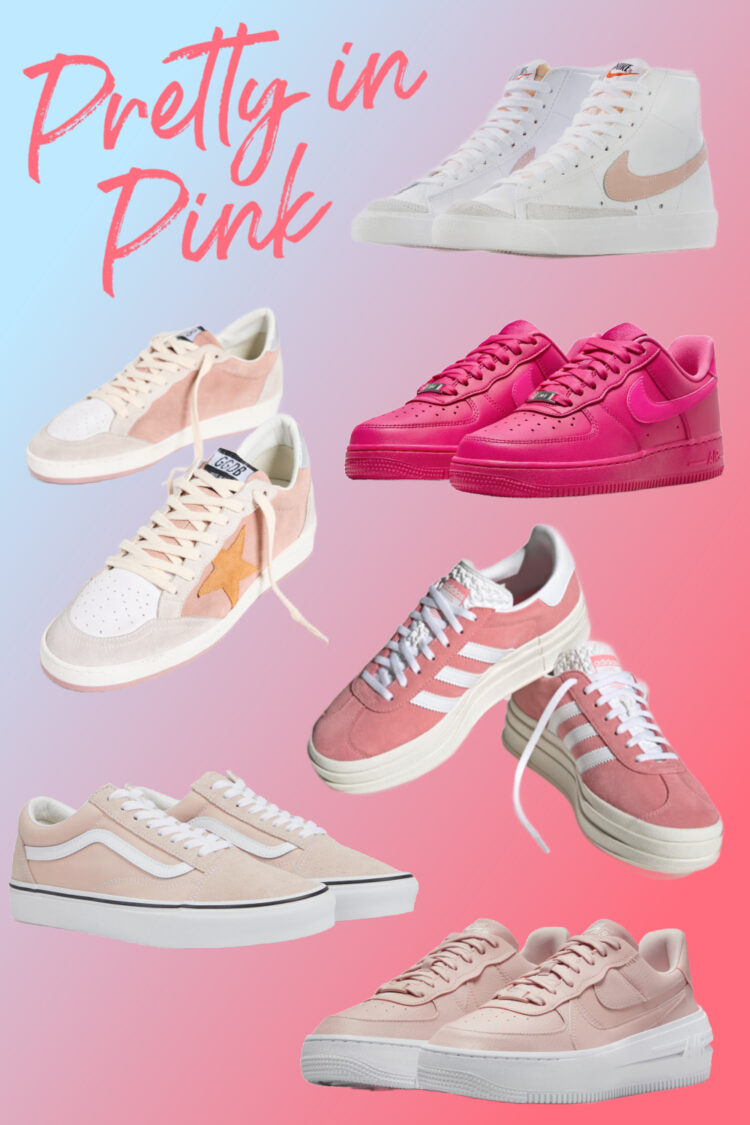 collage of pink sneakers including Nike Air Force 1, Golden Goose, Adidas Gazelle, and Nike Blazer