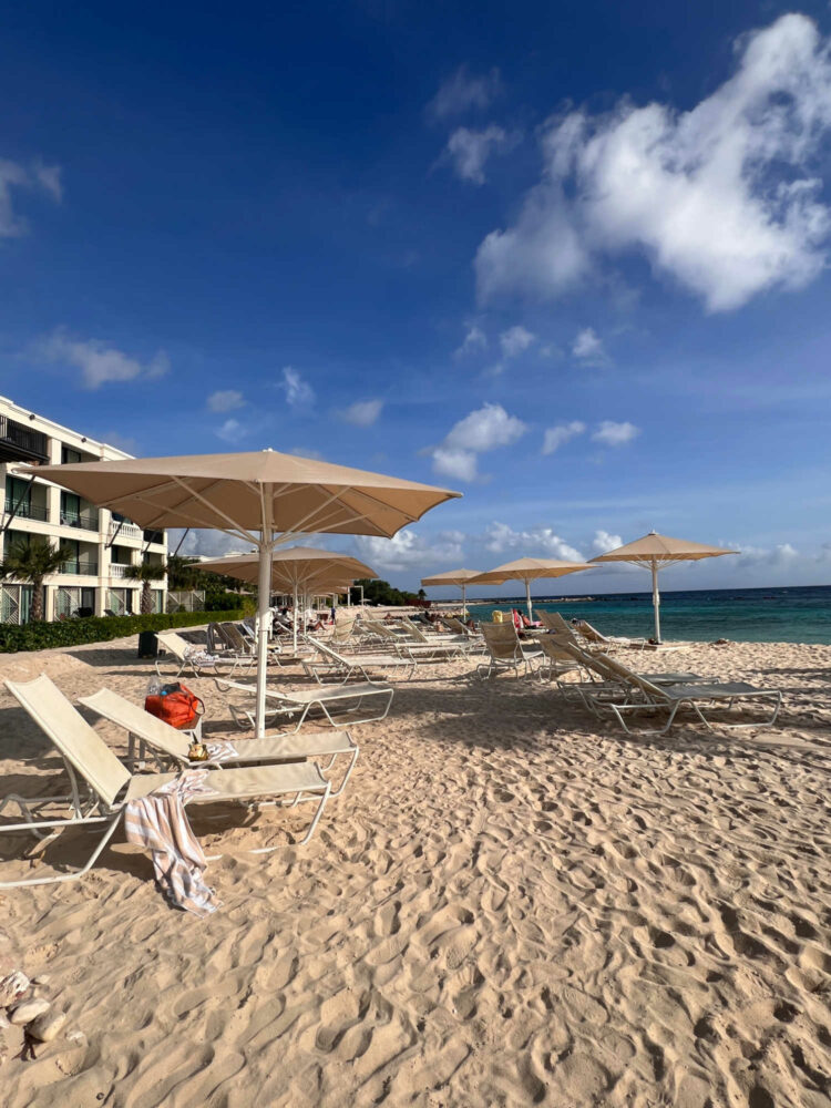 a view of a beach in front of a resort on a sunny day