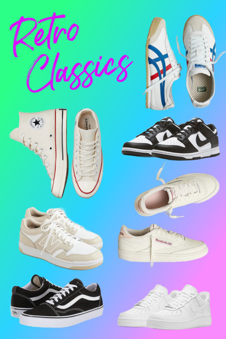a collage of retro classic sneakers for 2024 incuding Nike Dunks, Reebok Classic C, Vans Old Skool, Converse high-tops, and New Balance sneakers
