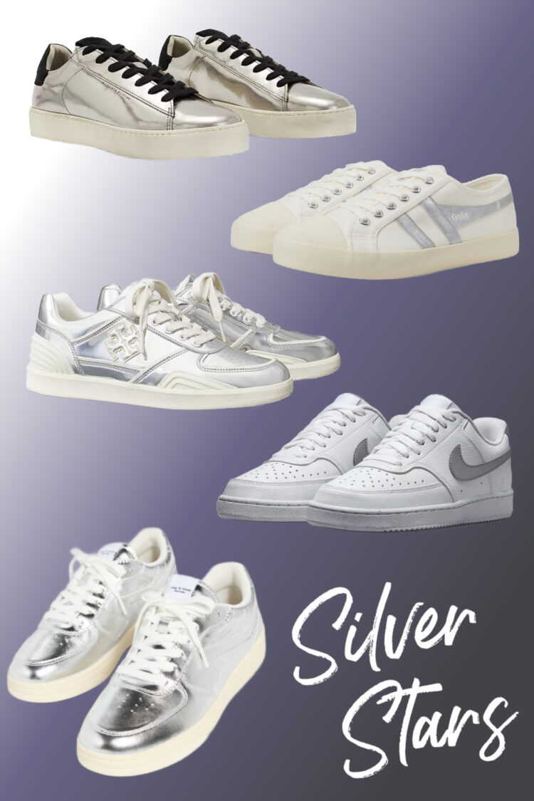 a collage of silver and silver trimmed sneakers including styles from Rag & Bone, Tory Burch, Gola, and Nike
