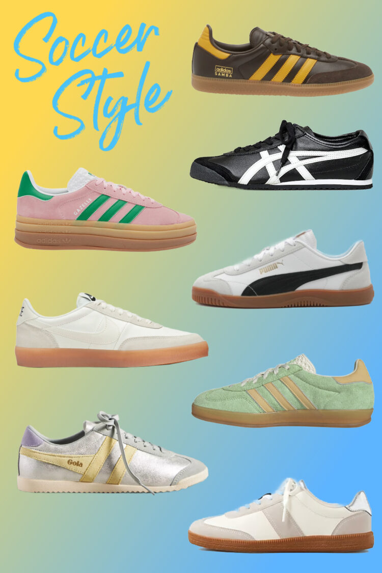 soccer inspired sneaker trend collage of 8 styles of sneakers from brands like Nike, Adidas, Puma, Gola, and J. Crew