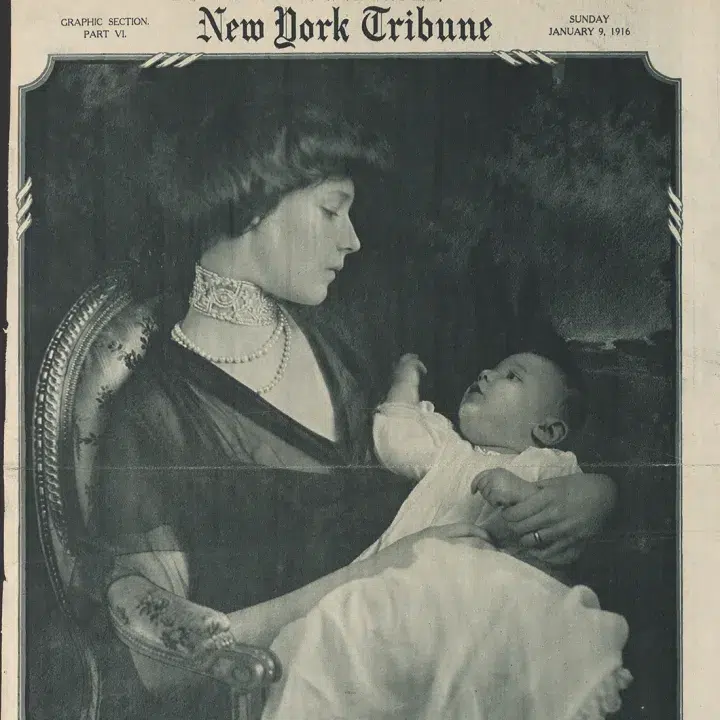 newspaper clipping from the January 1916 New York Tribune with a photo of the widow Madeline Force Astor and her "Titanic Baby" in her arms