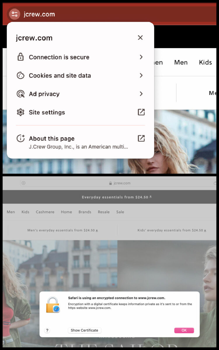 collage of two screenshots of the J. Crew website, one in Chrome and one in Safari. Both show the pop up received when clicking the icon in the browser to view the website certificate.