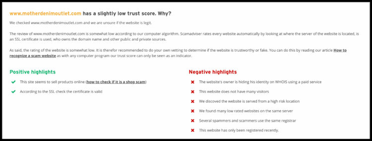 a screenshot from scamadviser.com that shares that the Mother Denim Outlet is likely a scam due to the server it is on, the location of site's server, and other aspects that aren't typical for a legitimate shopping site.