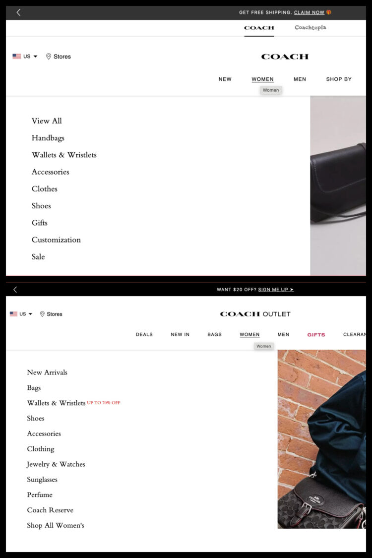a collage showing the homepage of the coach website and the coach outlet website. Both have the same exact branding, website design, menu structure. This gives legitimacy to the outlet site.