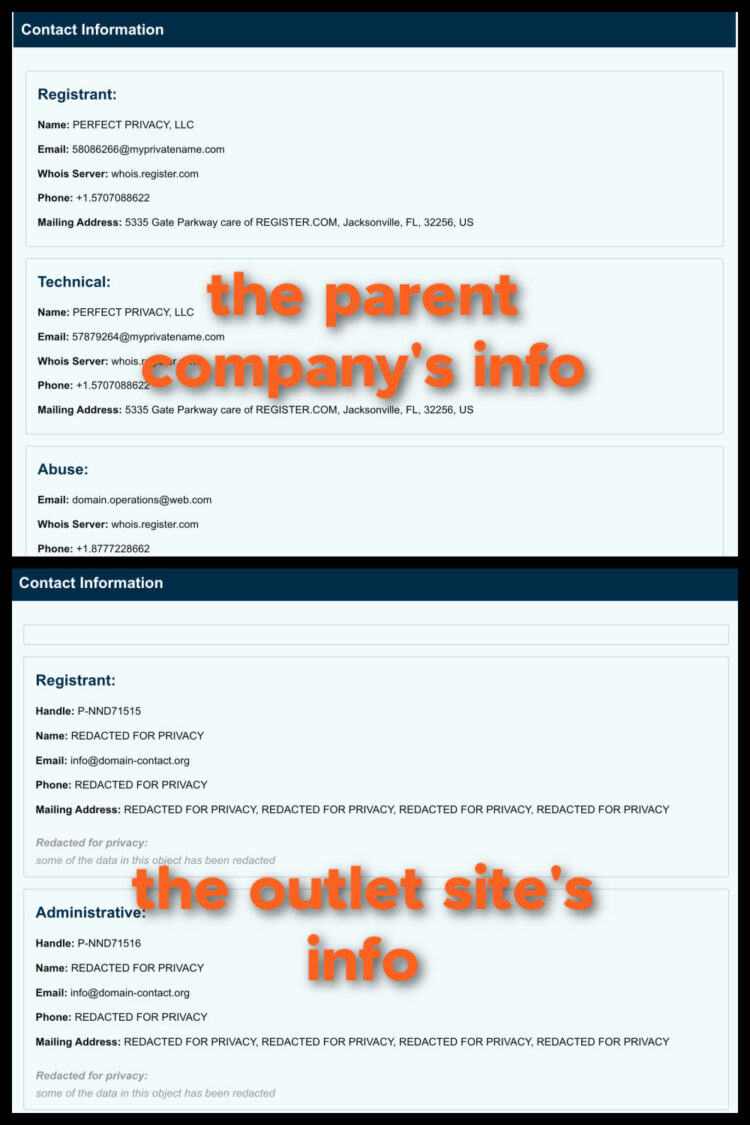 collage of two screenshots from ICANN. the top is for the MOTHER denim website, the other for a supposed MOTHER denim outlet site. The two sites have drastically different information making it look as though the outlet is a scam.