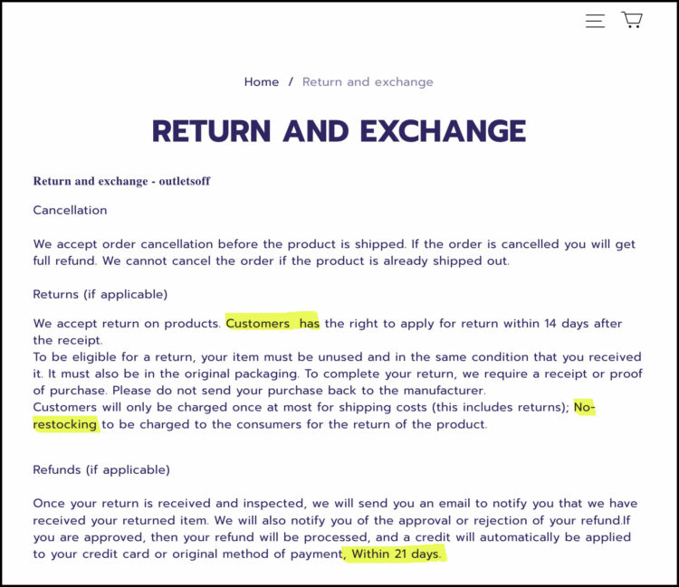 screenshot of the return policy for outletsoff which is riddled with typos, has a confusing return policy, and no manner for contacting customer service.