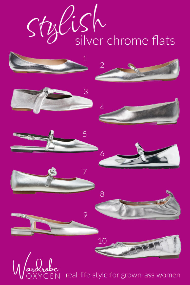 a collage of 10 stylish chrome flats for women by Wardrobe Oxygen