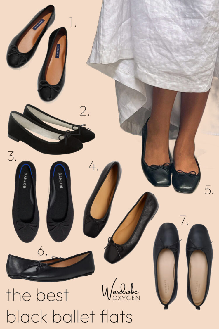 a collage of the best black ballet flats featuring seven different styles