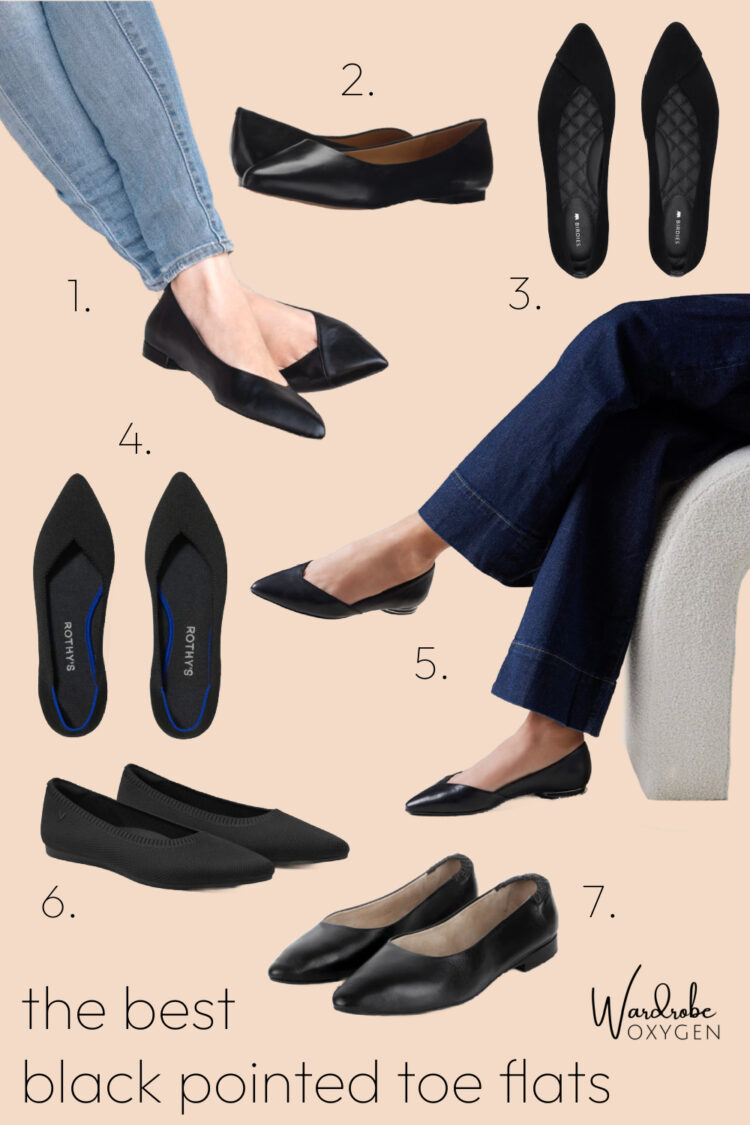 a collage of seven styles of pointed toe black flats