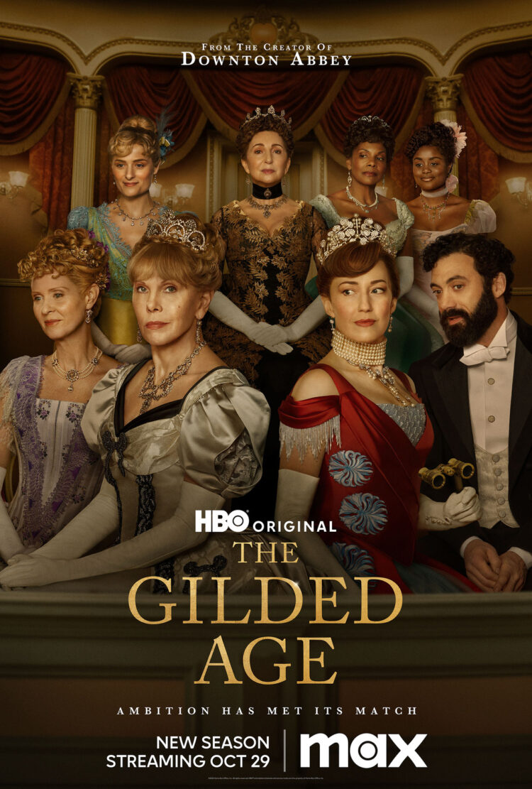 the poster advertising the second season of the gilded age with 8 of the primary characters featured in an opera theater box