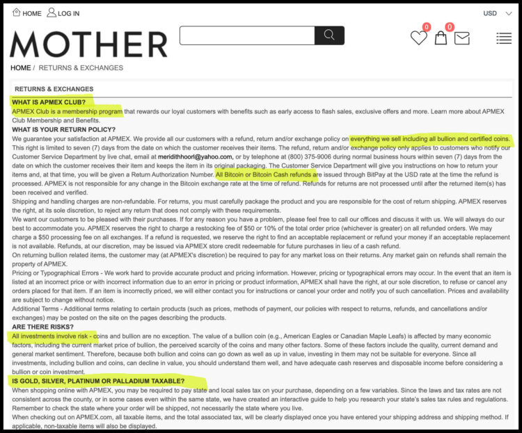 a screenshot from the return policy page of a website claiming to be a MOTHER denim outlet store. The entire policy is discussing buying and trading of precious metals and bitcoin.