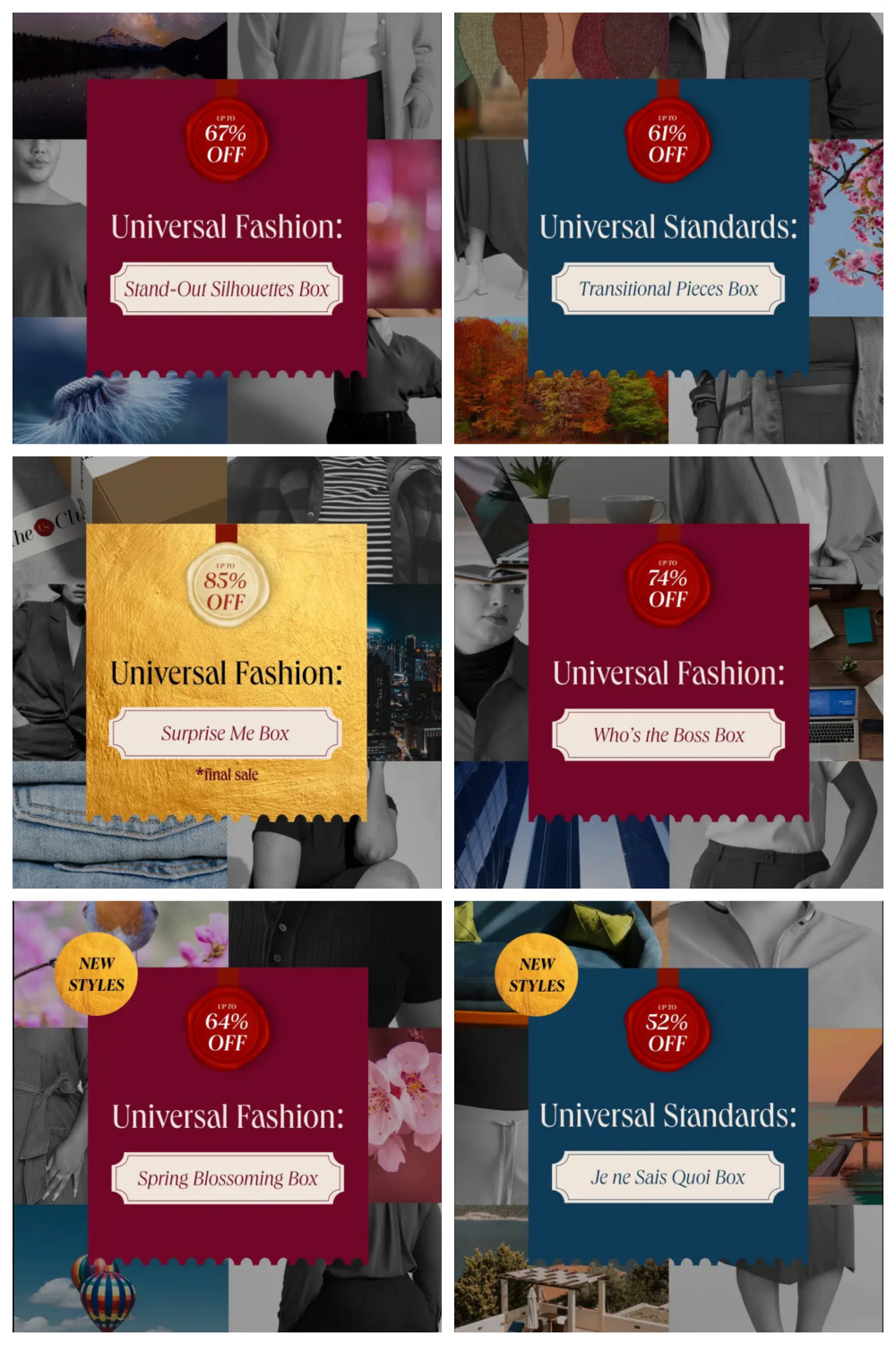 The six types of boxes available in the Universal Standard US Club