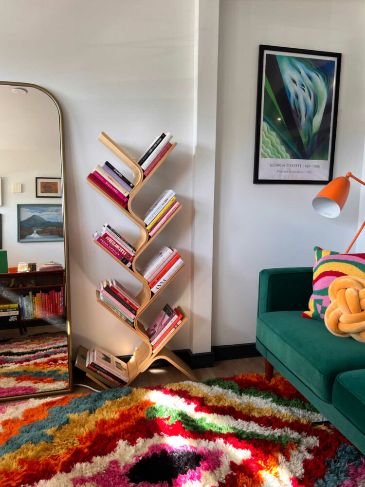 a bamboo tiered bookcase full of colorful books about fashion and writing. It is in front of a colorful shag rug and next to a large gold framed mirror.