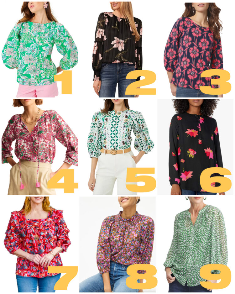 collage of 9 printed blouses 