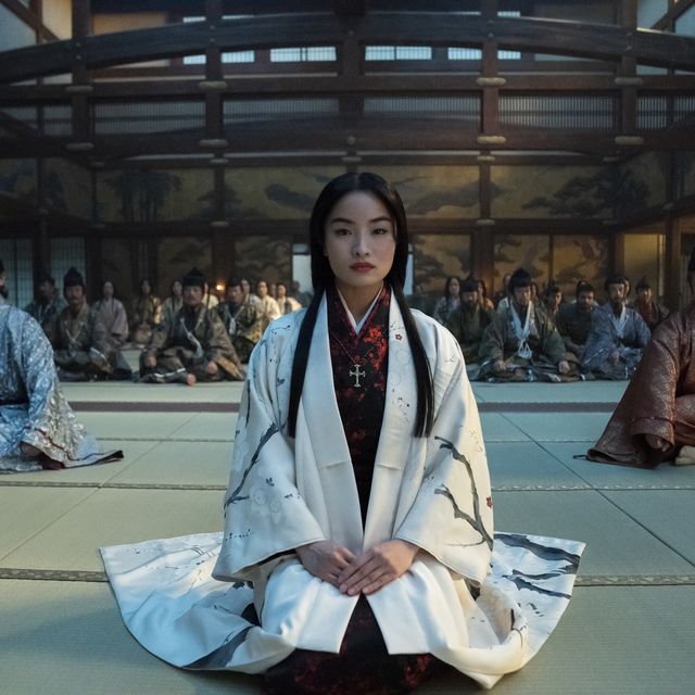 scene from 2024 series shogun with Anna Jarvis sitting in a room in front of a crowd