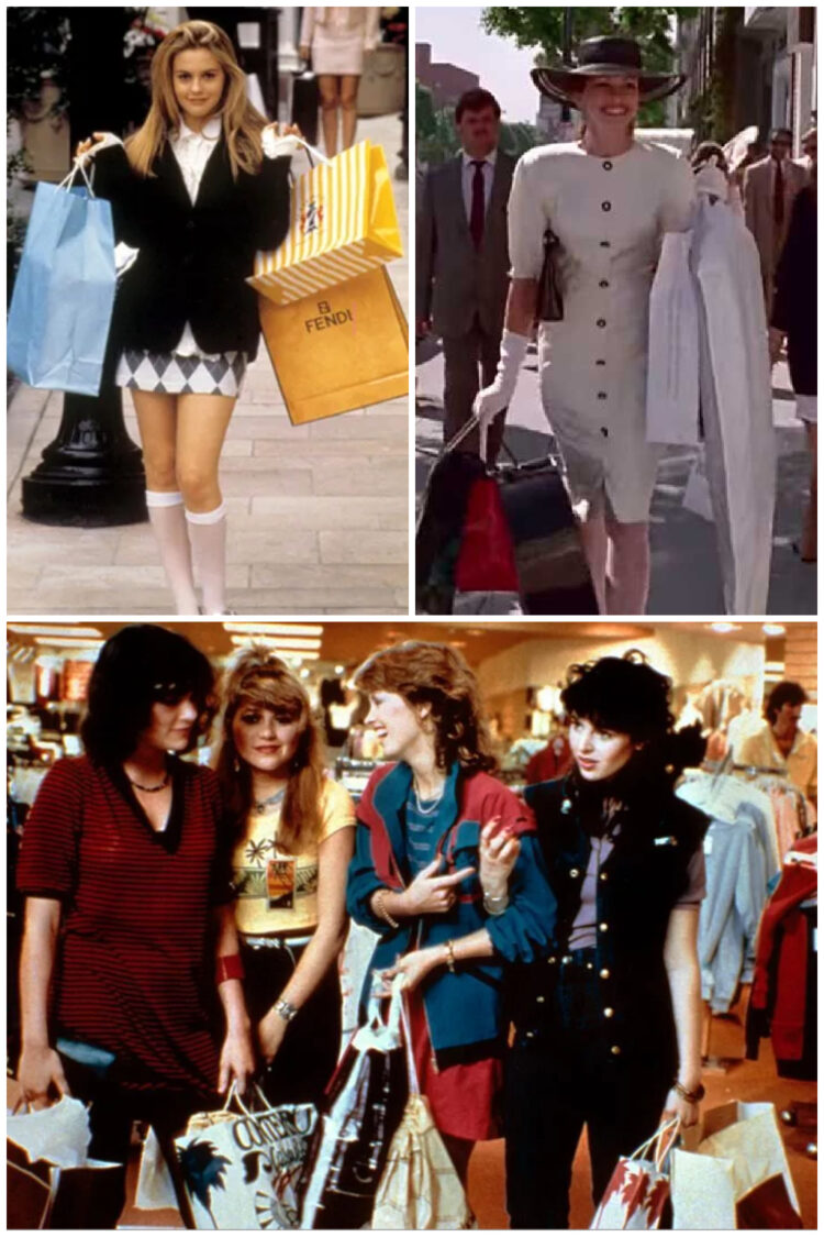 scenes from the movies Clueless, Pretty Woman, and Valley Girl where the protagonist is shopping with armfuls of bags