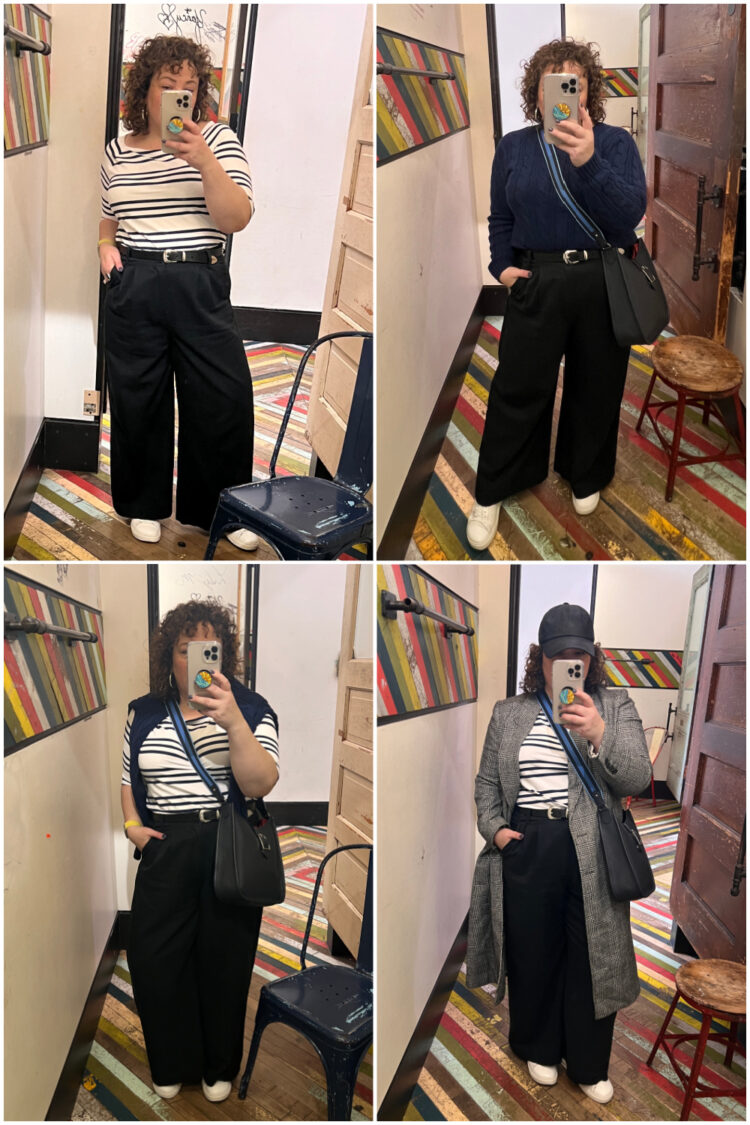 a collage of four photos of a woman taking mirror selfies while wearing the Talbots effortless jersey Breton top with black wide leg pants, a navy pullover sweater, and coat