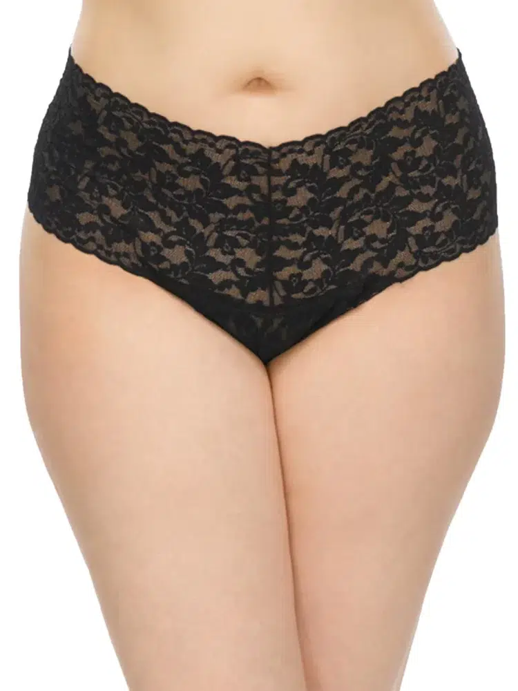 Model wearing the Hanky Panky Plus Size Retro Lace Thong in black