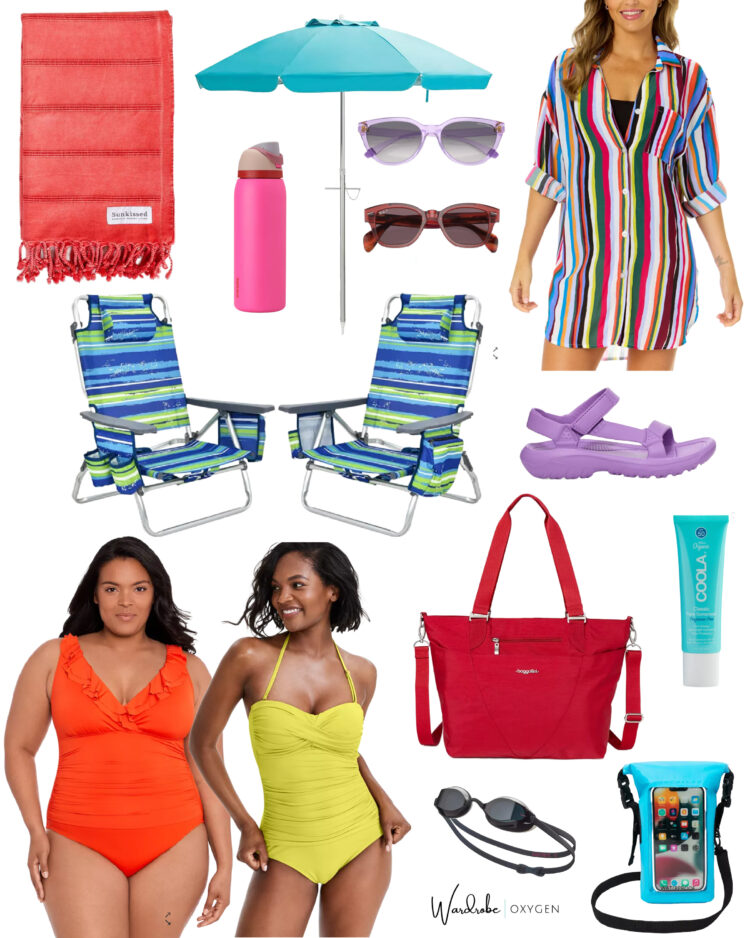 collage of beach and pool necessities available at Macy's