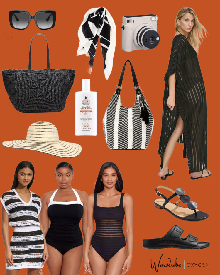collage of black and white beach style including swimsuits, beach coverups, totes, and sandals from Macy's