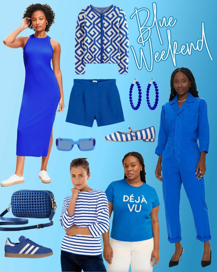 collage of blue clothing and accessories for the weekend or a casual situation