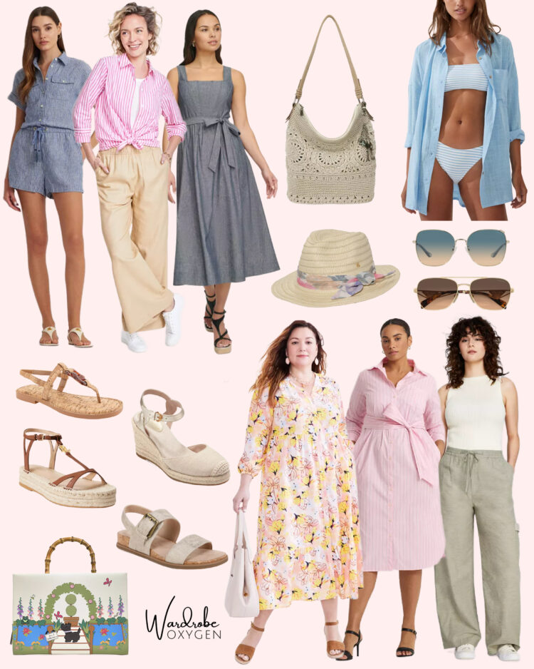 a collage of linen, sandals, sunglasses, and other fashion that fit the coastal chic trend for 2024