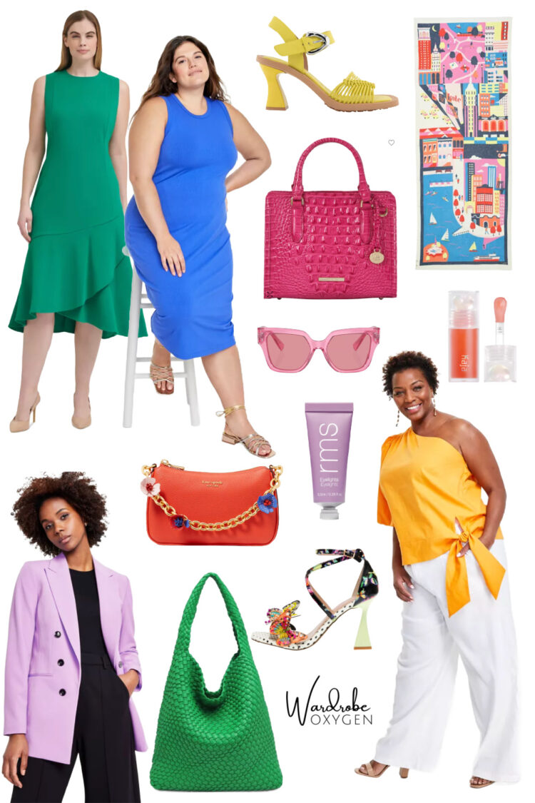 a collage of colorful spring fashion from Macy's including dresses, handbags, shoes, scarves, and cosmetics