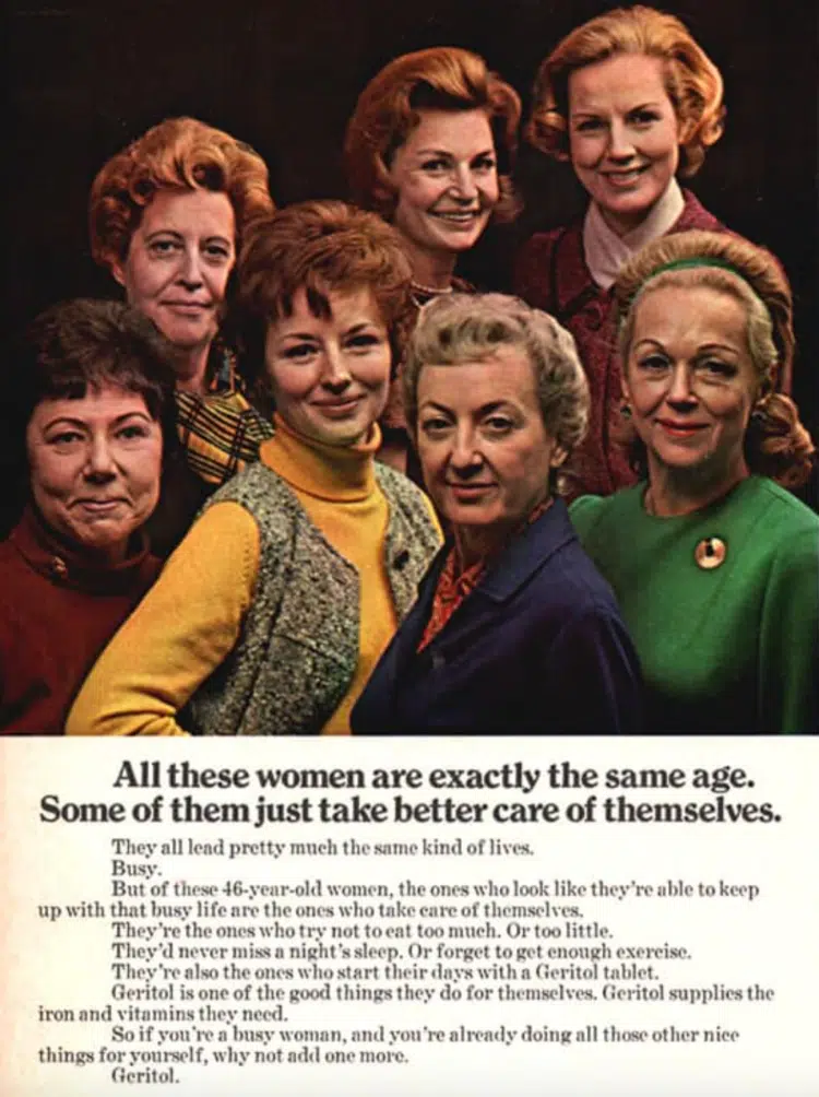 famous geritol ad from 1971 showing 7 women all 46 years of age