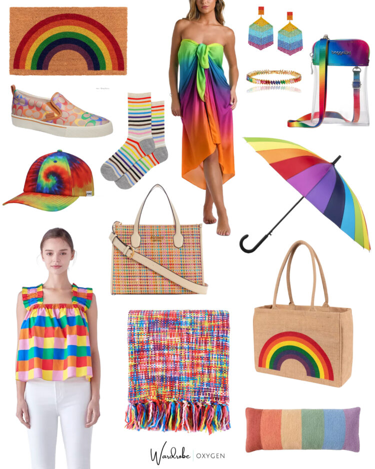 a collage of rainbow colorful fashion and home accessories from Macy's