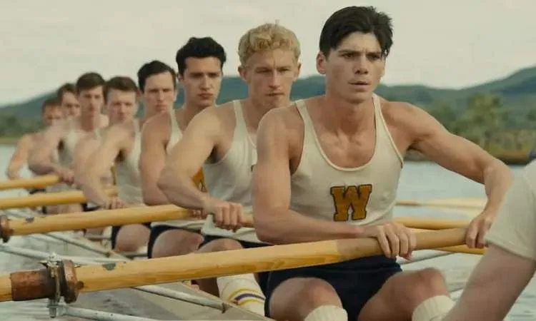 the JV team of rowers rowing in the movie The Boys in the Boat