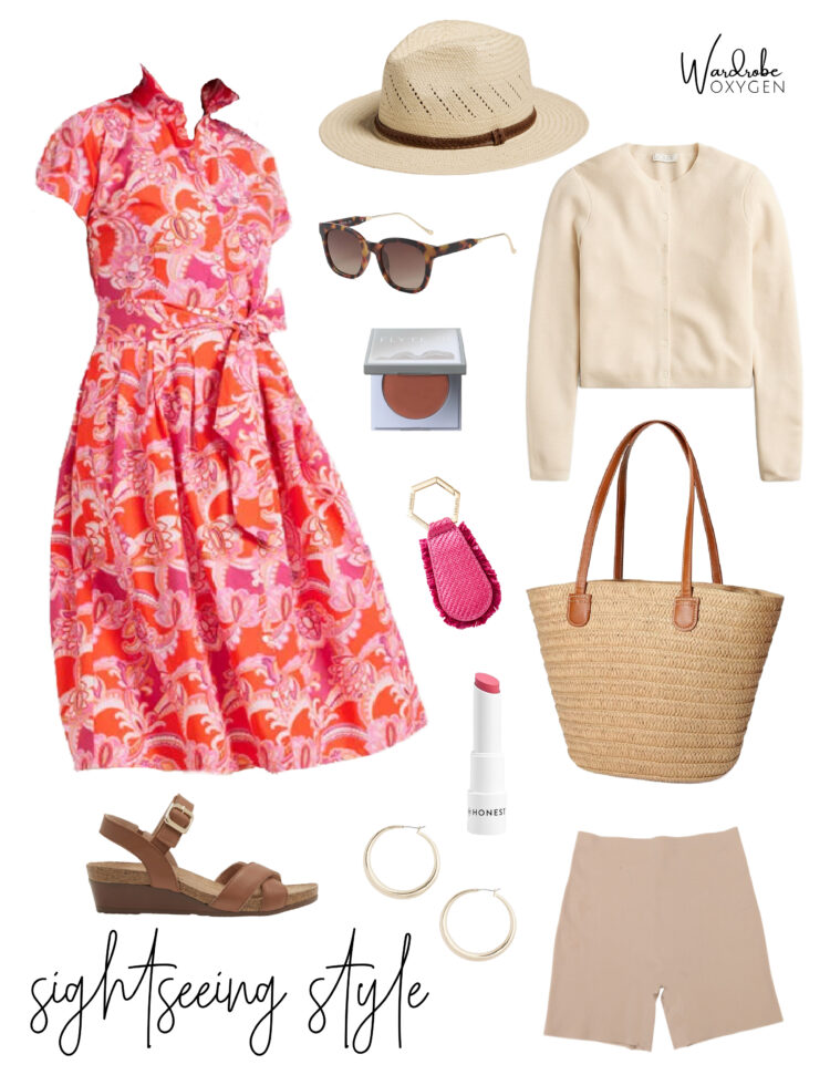 a collage showcasing a pink and orange floral cotton shirtdress from Talbots with a cream J. Crew cardigan, straw hat and tote, Naot sandals, and summer-friendly accessories