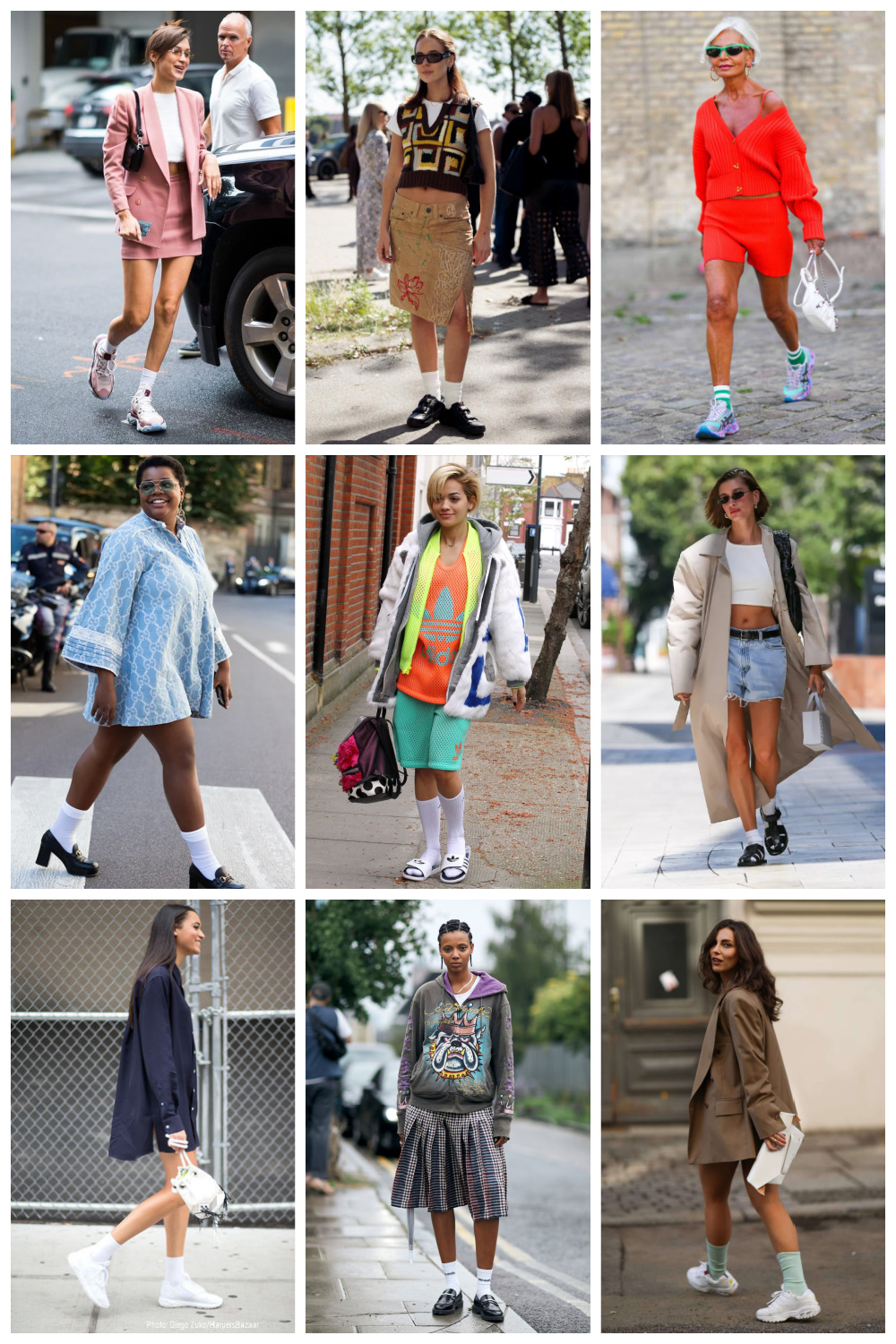 a collage of nine different celebrities and fashionistas wearing crew socks with bare legs and sneakers or sandals
