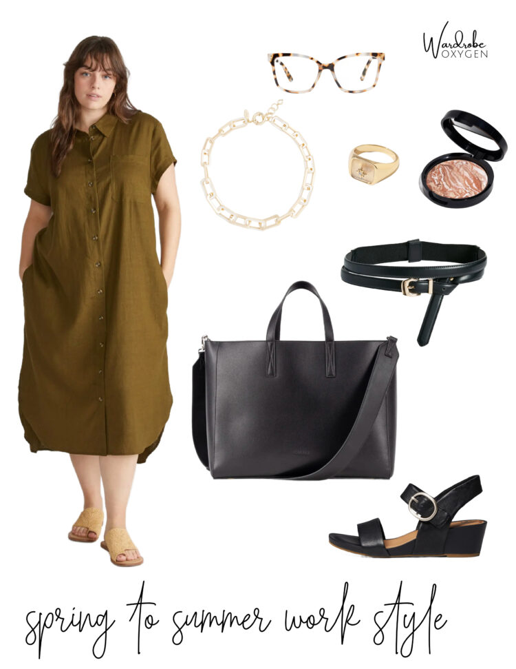 a collage featuring the Universal Standard Dune linen shirtdress styled for work with black leather accessories