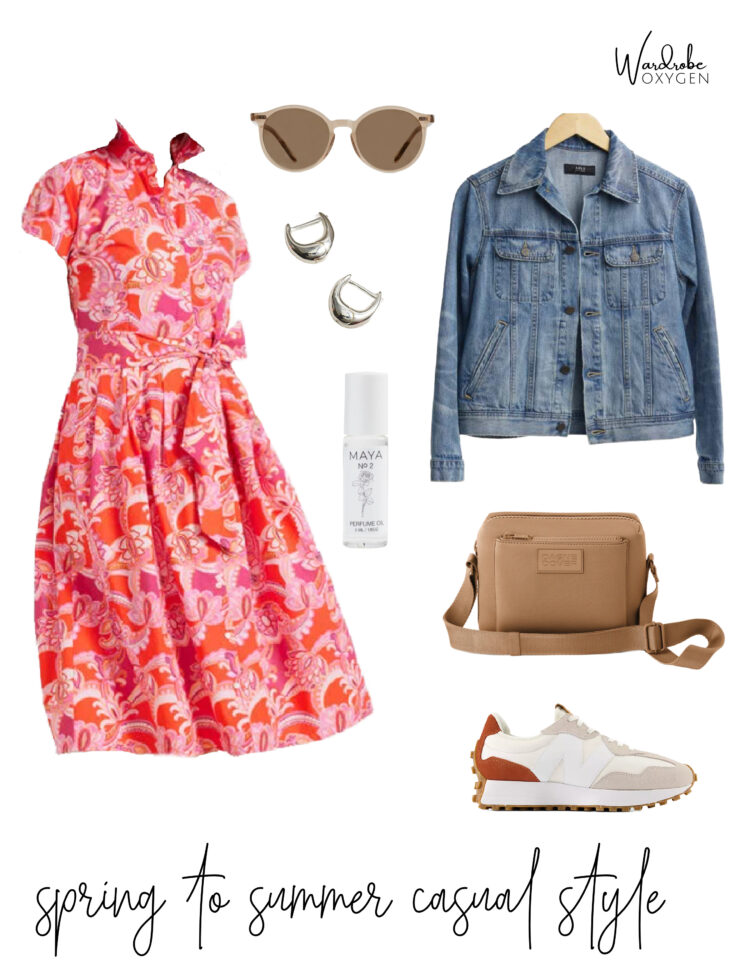 a collage featuring a colorful printed cotton shirtdress from Talbots with an ABLE denim jacket, Dagne Dover camel crossbody bag, and New Balance sneakers