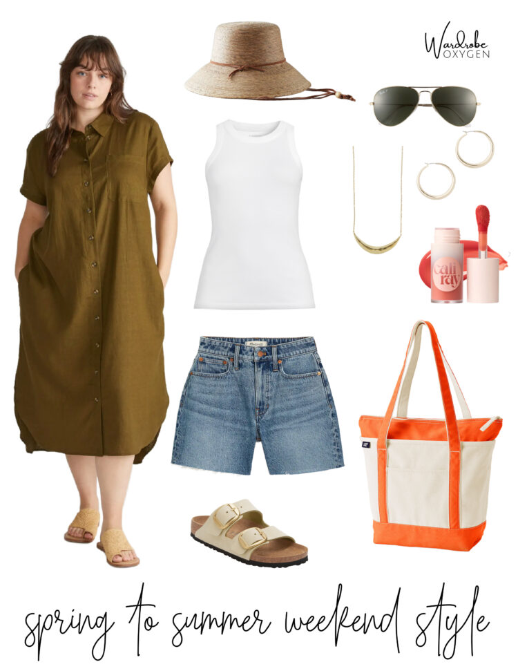 collage featuring the UNiversal Standard Dawn linen shirtdress worn as a duster with a white tank and denim cutoffs