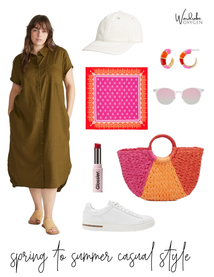 A collage featuring the Universal Standard Dune linen shirtdress styled with orange, pink, and white accessories